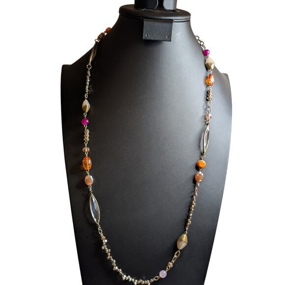 Two Coordinating Loft Beaded Orange Pink Yellow Gold Tone Beaded Long Necklaces - Picture 3 of 12